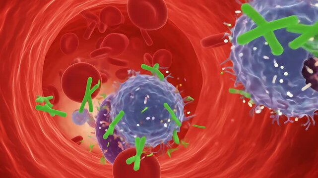 Immune cells interacting inside blood vessel animation