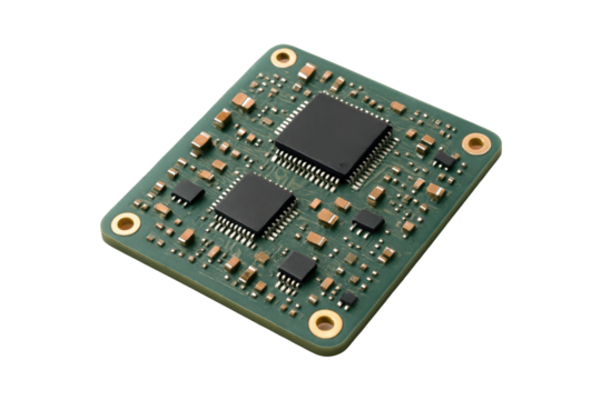 3D icon of minimalistic green circuit board with microchips and gold mounting holes. Slightly isometric png cutout isolated on transparent