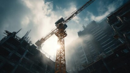 Construction Crane Silhouette: A towering construction crane dominates the frame, silhouetted against a bright sun and hazy cityscape, conveying a sense of scale, ambition and urban development. - Powered by Adobe