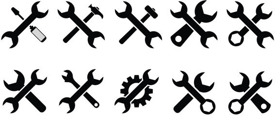Ten Tool Combination Icons Featuring Wrenches, Screwdrivers, Hammers, and Gears in a Minimalist Silhouette Style