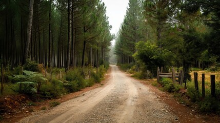 Obraz premium Rustic Gravel Road Winding Through a Pine Forest