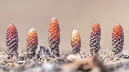 Five Reddish Brown Spring Plants Emerging from Soil