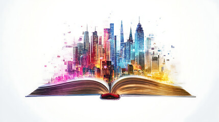 An open book with vibrant, colorful skyscrapers emerging from its pages, symbolizing knowledge and urban growth.