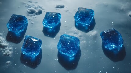 Glowing Blue Crystal Gems on Ice Surface