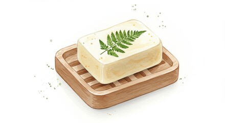 An illustration depicts a bar of decorated, artisanal soap placed on top light wooden slatted dish over white surface.