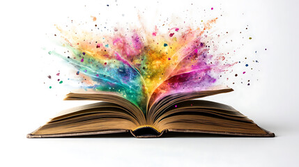 An open book with vibrant, colorful paint splashing outward, symbolizing creativity and knowledge.