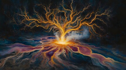 Fiery Tree of Life Emerging from Volcanic Landscape