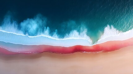 Aerial View Pink Beach Turquoise Ocean Waves Summer