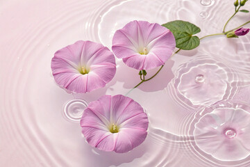 Bird's-eye view. few morning glory floating on water. a lot of Copy space on the center. light pink  background.  studio photo.