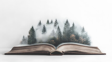 An open book with a forest emerging from its pages, surrounded by mist