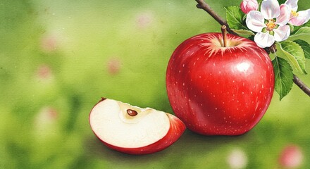 A watercolor painting presents ripe red apple with bite taken out of slice next to branch bearing blossoms, against soft green backdrop.copy space