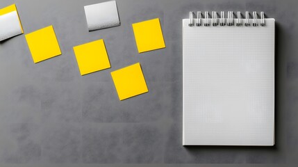 Yellow Sticky Notes Blank Notebook Grey Background Office Supplies
