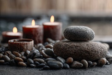 Three burning candles and a balanced rock arrangement on a bed of dark pebbles, creating a serene and tranquil scene