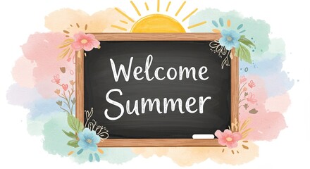 A cheerful chalkboard with "Welcome Summer" written in white chalk is adorned flowers, leaves, and radiant sun, all set against soft watercolor background.