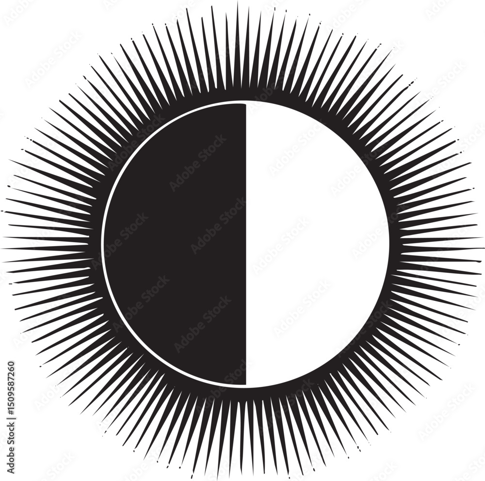 Poster stylized circle is divided in half with a black segment and a white segment radiating outwards.