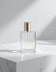 Perfume advertisement, luxury and minimalism: Perfume bottle on marble slab, elegant lighting and shadows.
