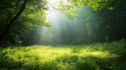 Fototapeta premium A lush green field with sunlight shining through the leaves