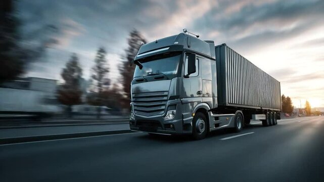 Truck on Highway at Sunset: A modern semi-truck with a large container trailer speeds down a highway at sunset. The motion blur suggests speed and efficiency.