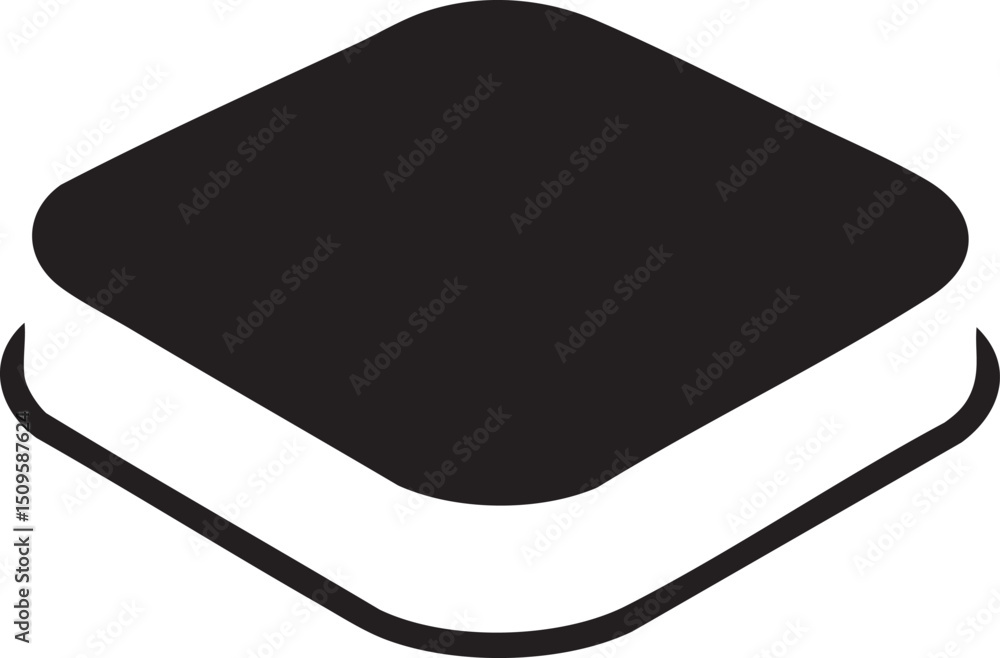 Poster dark square shape rests atop a lighter rounded form.
