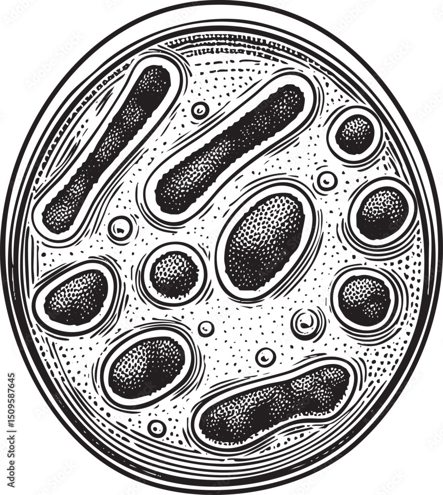 Poster detailed circular depicts numerous interconnected cellular structures.