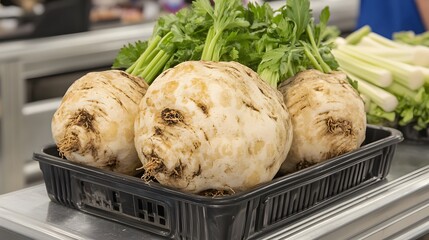 Fresh Celery Root Harvest in Black Crate