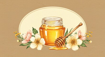 Golden honey fills a glass jar beside wooden dipper, the setup enhanced with delicate floral arrangements against backdrop of neutral tones.