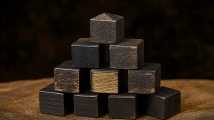 Dark Wooden Blocks Pyramid Structure Abstract Still Life