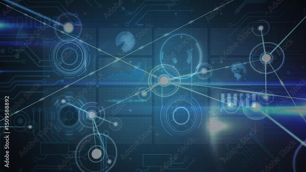 Poster central circle initiating network growth by sending glowing lines to nodes, visualizing data flow