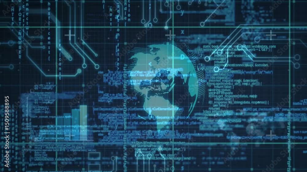 Aufkleber launching, 3d globe rotating while code strips sliding and chart pulsing visualizing global network