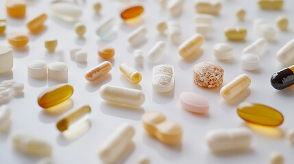 Assorted Medications and Supplements Spread on a White Surface