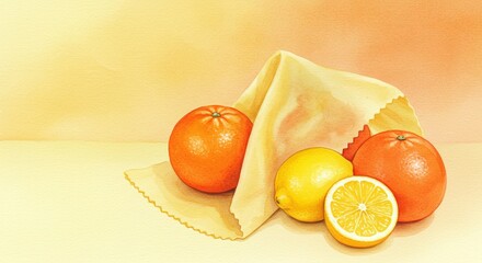 Watercolor shows citrus fruits with a cut lemon, placed among pair of oranges and beeswax wrap, all in matching shades warm yellow orange.