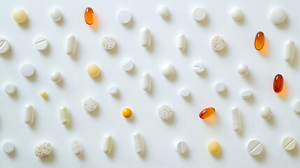 Assorted Medications and Supplements Arranged on a White Background