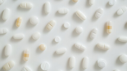 Assorted Medication Pills Scattered on a White Surface