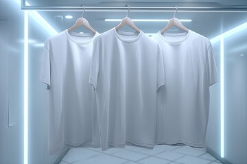 Three pristine white t-shirts hang on wooden hangers in a minimalist, brightly lit, modern closet
