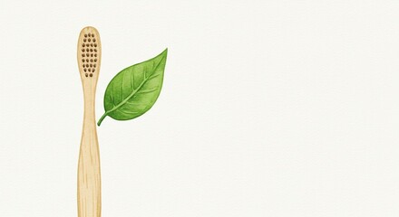 A wooden toothbrush stands upright, vibrant green leaf adorning its side, all against textured white backdrop, evoking sense of eco-conscious dental care.
