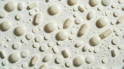 Close-up of Various White Pills and Capsules on a Wet Surface
