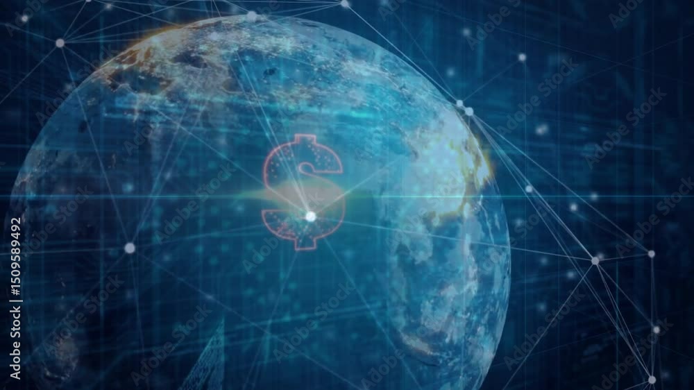Poster rotating networked globe pulsing cloud dissolving into glowing dollar sign showing global finance