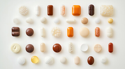 Assorted Medications and Supplements Arranged in a Grid Pattern