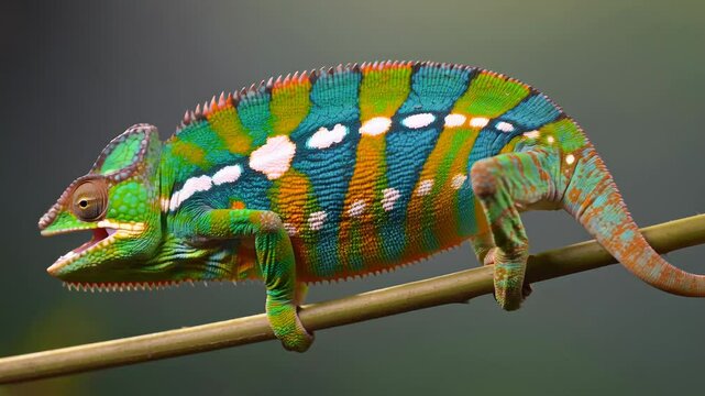 A vibrant chameleon navigates a branch in a rich green environment, skillfully extending its tongue to catch food. The colors of the chameleon stand out against the foliage.