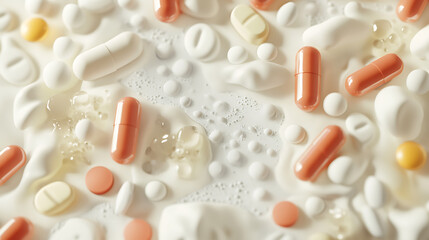 Assorted Medications Floating in Liquid, Close-Up View