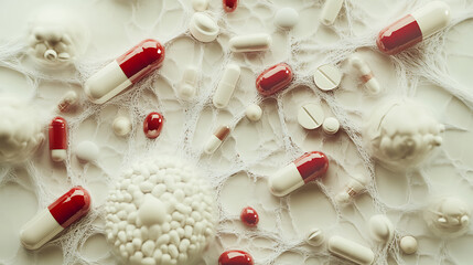 Assorted Medications and Pills Scattered on a Webbed Surface