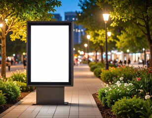 Illuminated blank billboard on a city sidewalk at dusk surrounded by flowers and streetlights