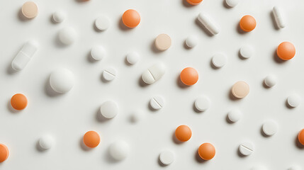 Assorted Pills and Tablets Scattered on a White Background