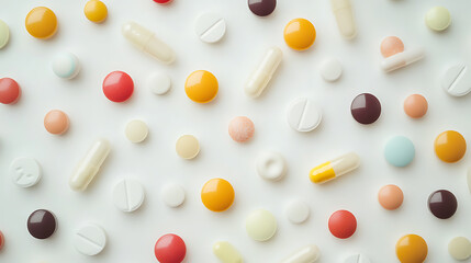 Assorted Colorful Pills and Capsules on a White Background