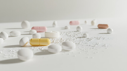 Assorted Medications and Pills Scattered on a White Surface