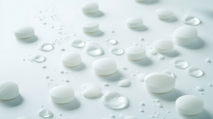 White Tablets Scattered on a Wet Surface with Droplets