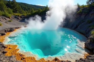 Steam rises from a vibrant turquoise geothermal hot spring, surrounded by lush green vegetation and rugged volcanic rock The water shimmers invitingly in the sunlight , geology, wellness
