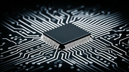 Close-up view of a microchip on a circuit board.