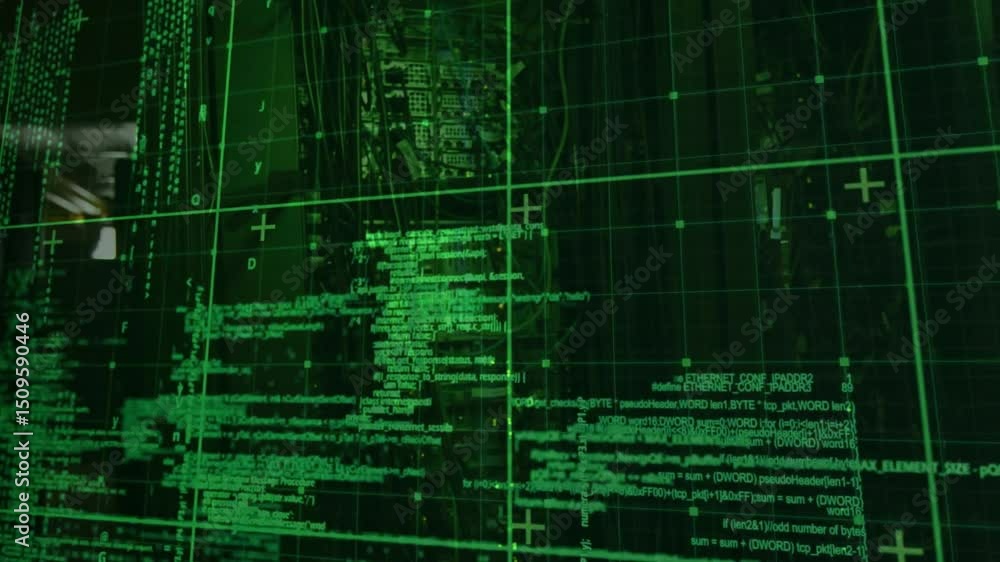 Poster after startup signal, glowing green code streaming across grid interface for system initialization