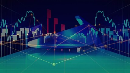 When playback starts, 3D bars rising and receding with nodes shifting to visualize data trends - Powered by Adobe